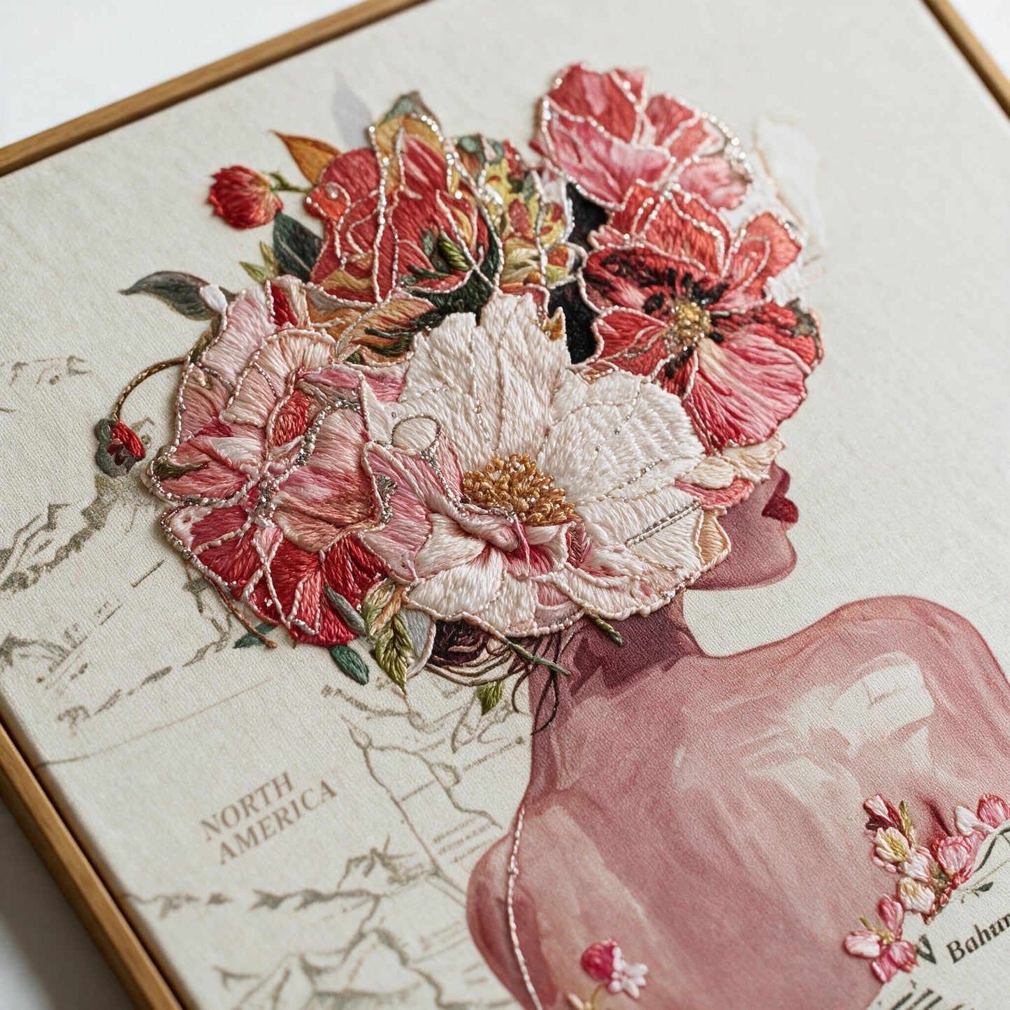 Close-up detail of raised floral embroidery stitching on the Lumara Clara wall art