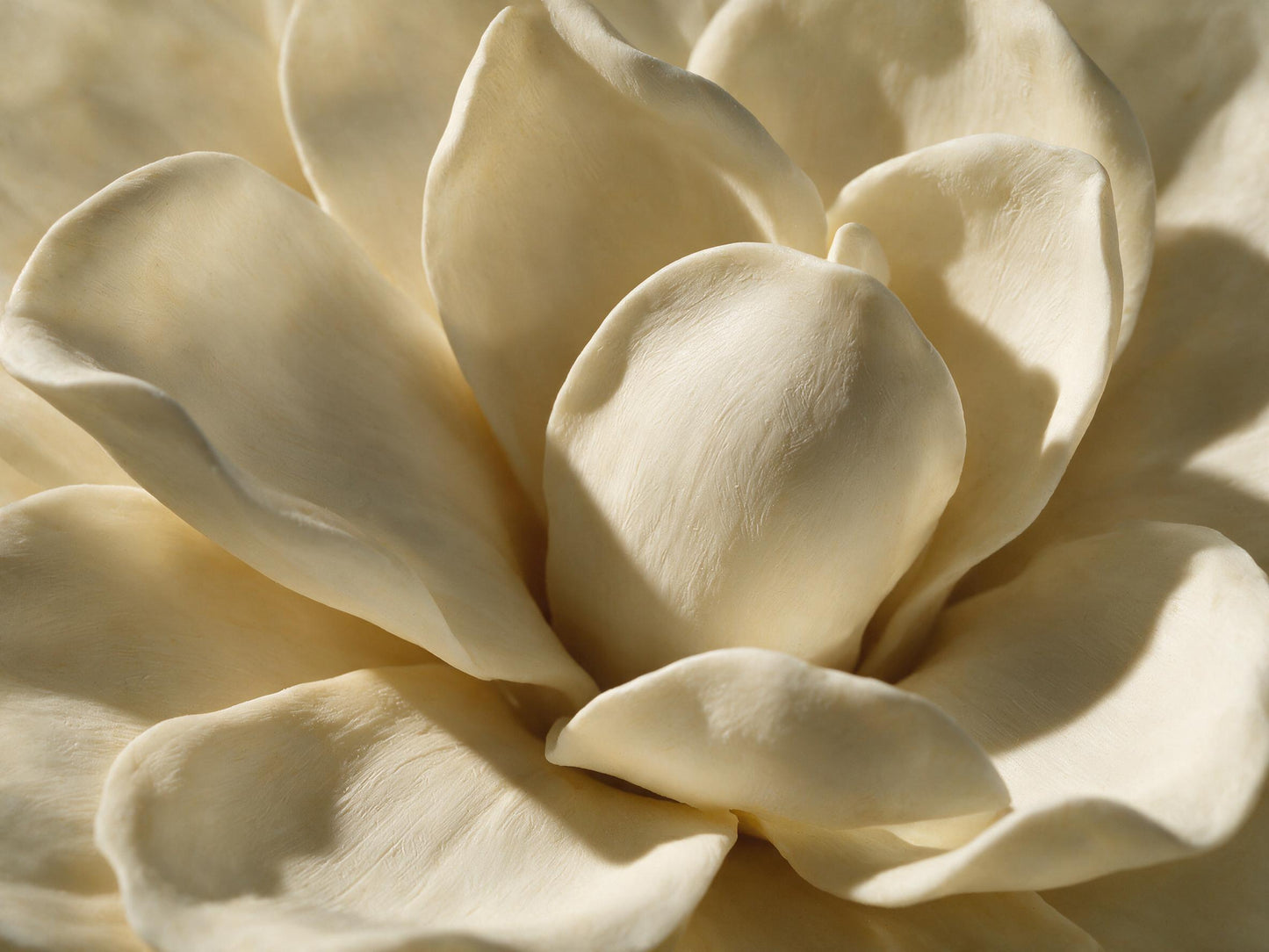 Macro detail of the layered petals and hand-applied matte finish on the Magnolia XL sculpture — Lumara Home