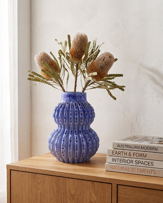 Malabar Vase with dried stems on oak sideboard — Lumara Home