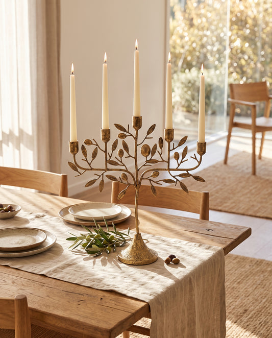 Olive Mediterranean Candelabra styled on oak dining table — Lumara Home