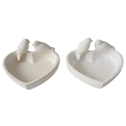 Off-white cement feeder bowl with two sculpted birds perched on the rim