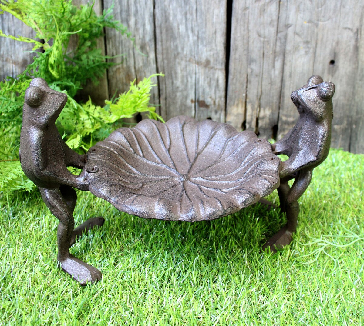 Frog Mates bird feeder front view, weathered brown finish