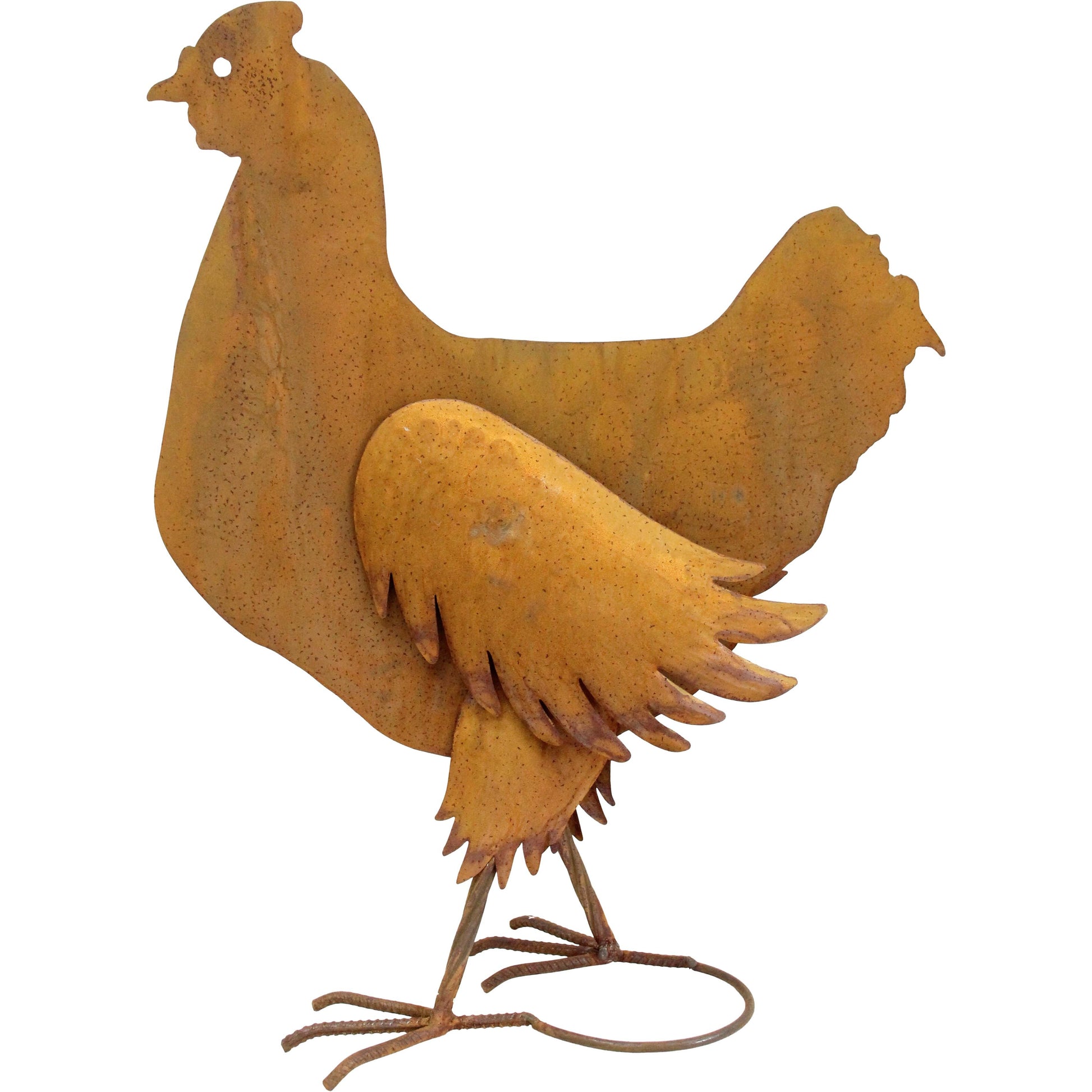 Large rust metal hen garden statue with weathered finish