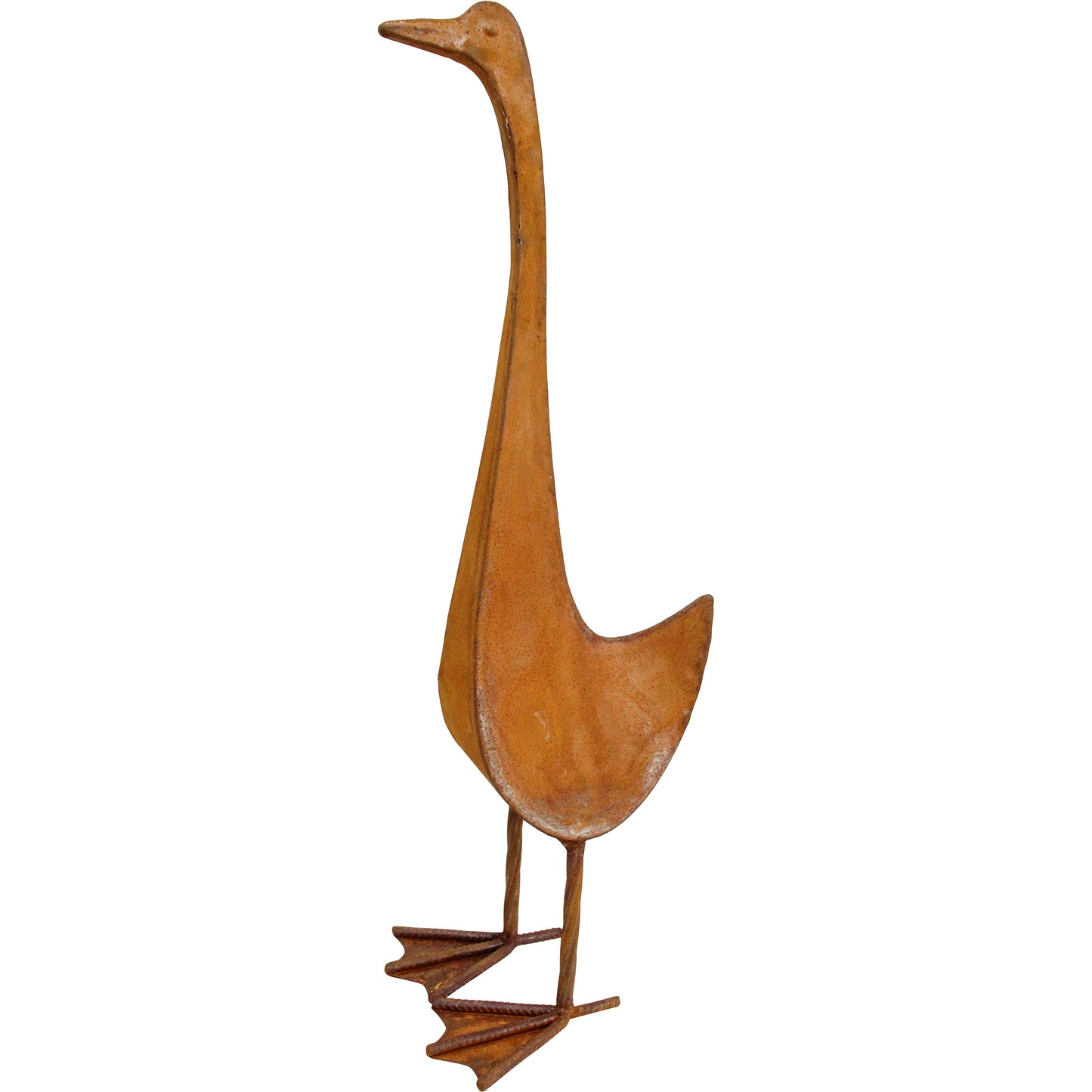 Large rust metal goose garden statue with webbed feet