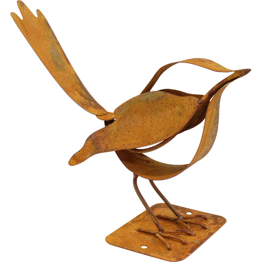 Rust metal wren on post garden wall art