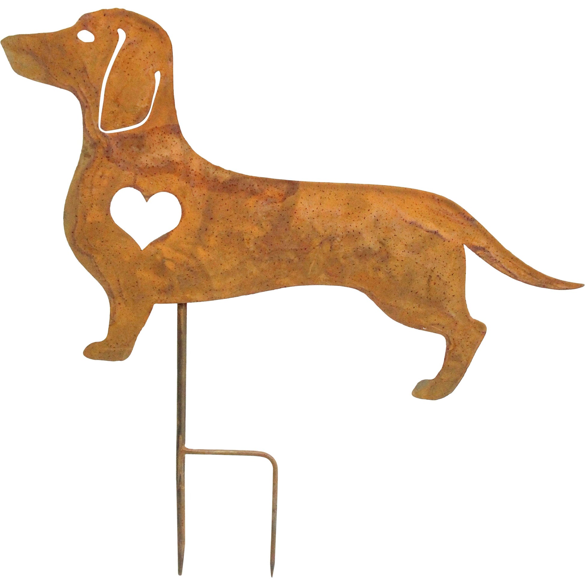 Rust metal dachshund garden stake with cut-out heart detail