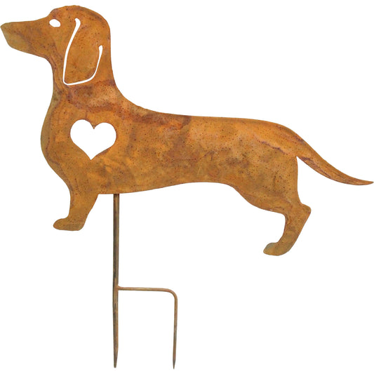 Rust metal dachshund garden stake with cut-out heart detail