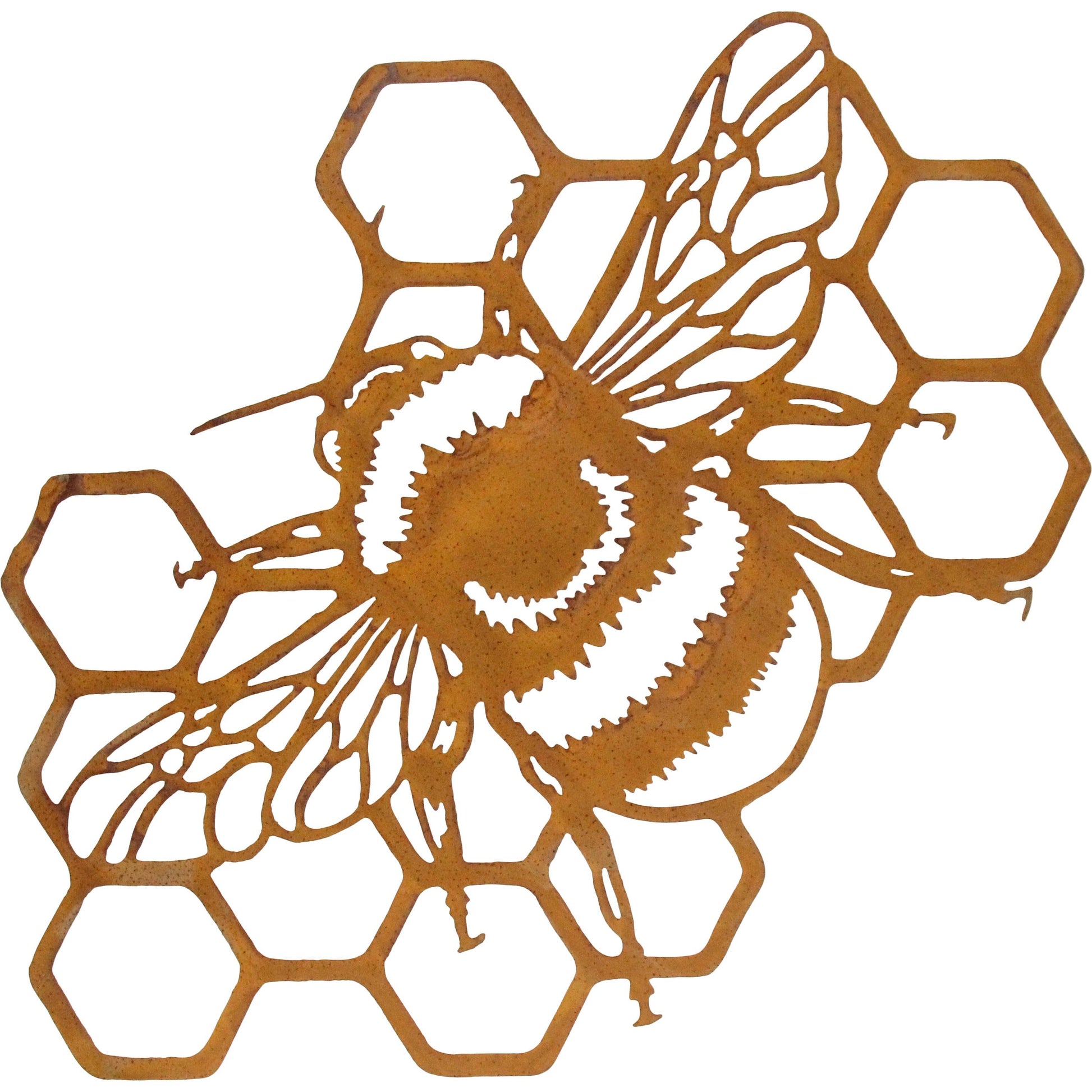Metal honeycomb and bee wall art with weathered brown finish