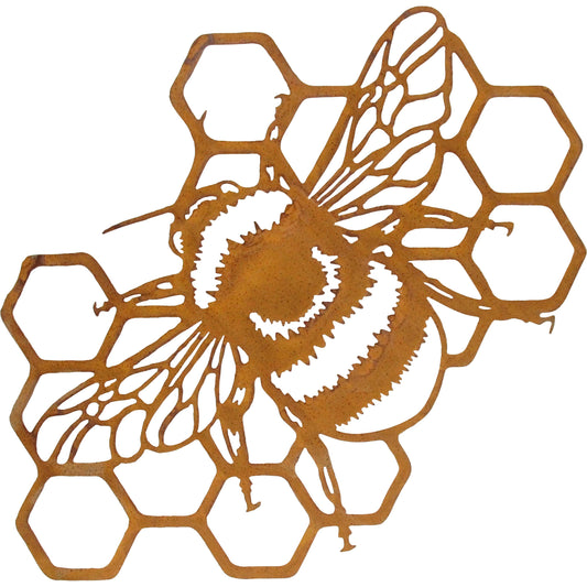 Metal honeycomb and bee wall art with weathered brown finish