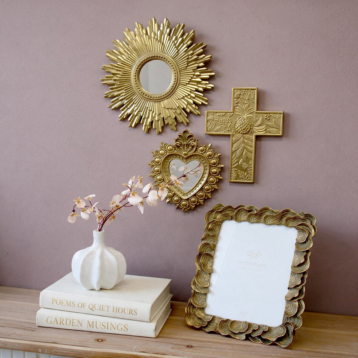 Lumara Baroque Heart Wall Art at true scale, styled on a wall with sunburst mirror, cross and console decor