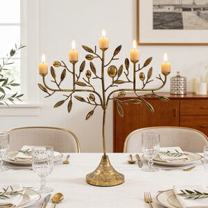 Olive Mediterranean Candelabra styled on table — Lumara Home