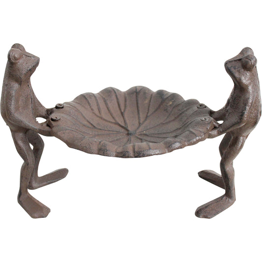 Cast iron bird feeder with two frogs holding a lily pad dish