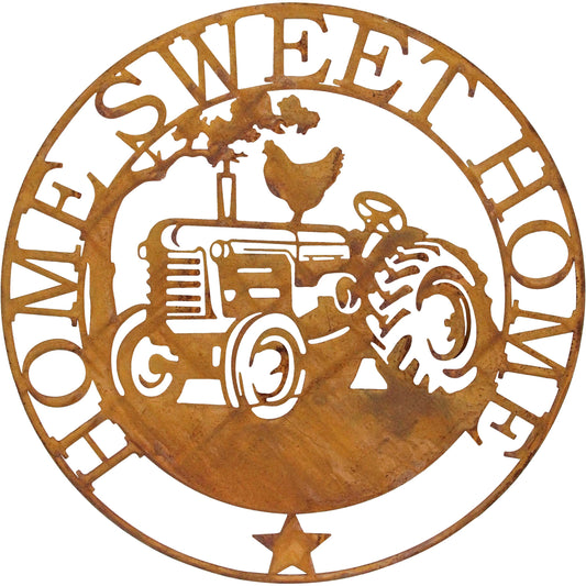 Rustic metal Home Sweet Home sign with tractor silhouette and chicken