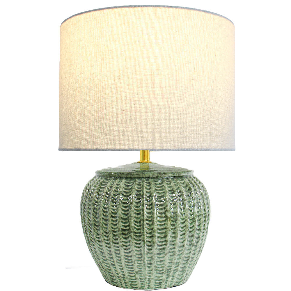 Lumara Monica Green Table Lamp — sage reactive-glaze ceramic base with gold detail and linen shade — Lumara Home