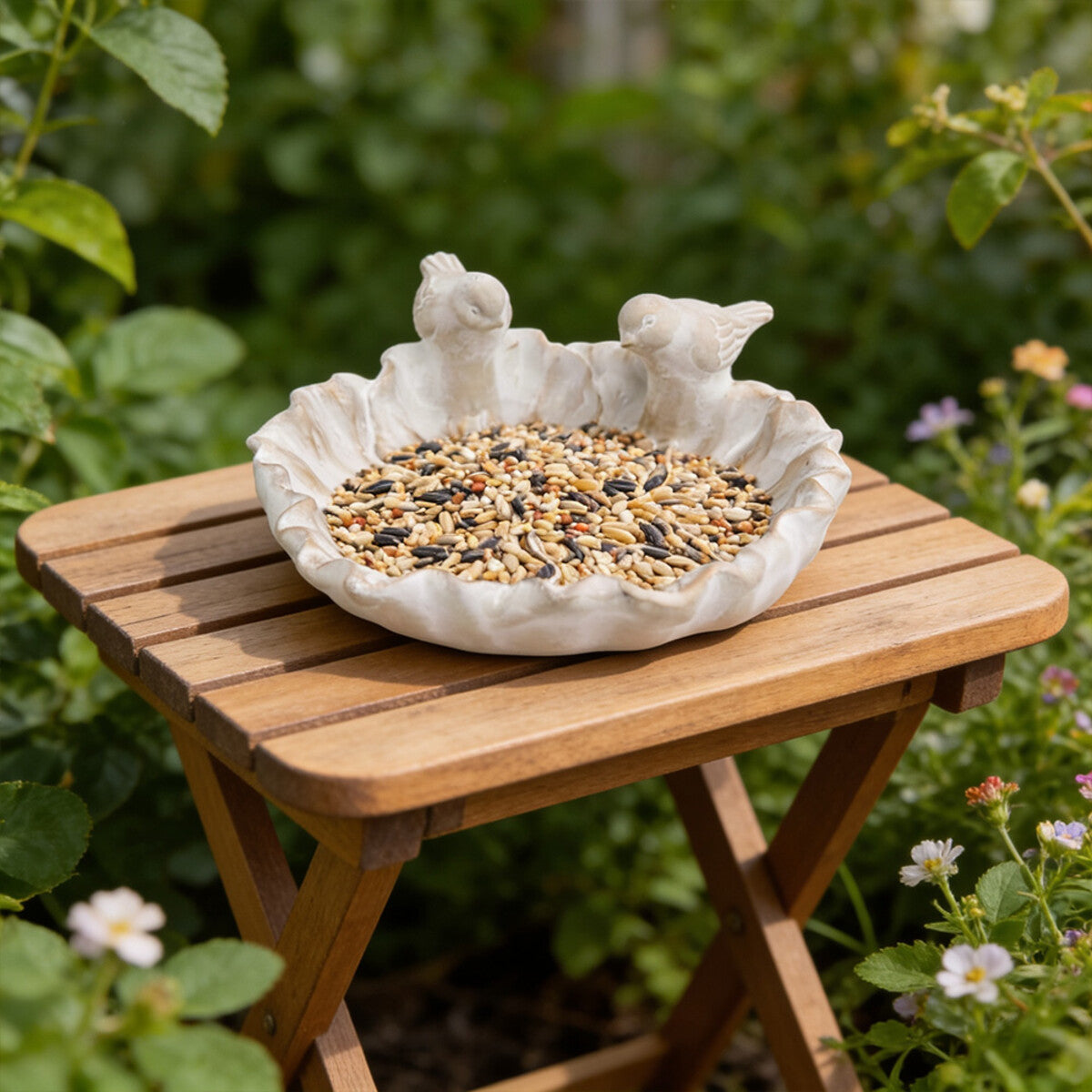 Embossed botanical pattern inside bird bath bowl