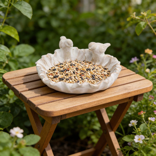 Embossed botanical pattern inside bird bath bowl