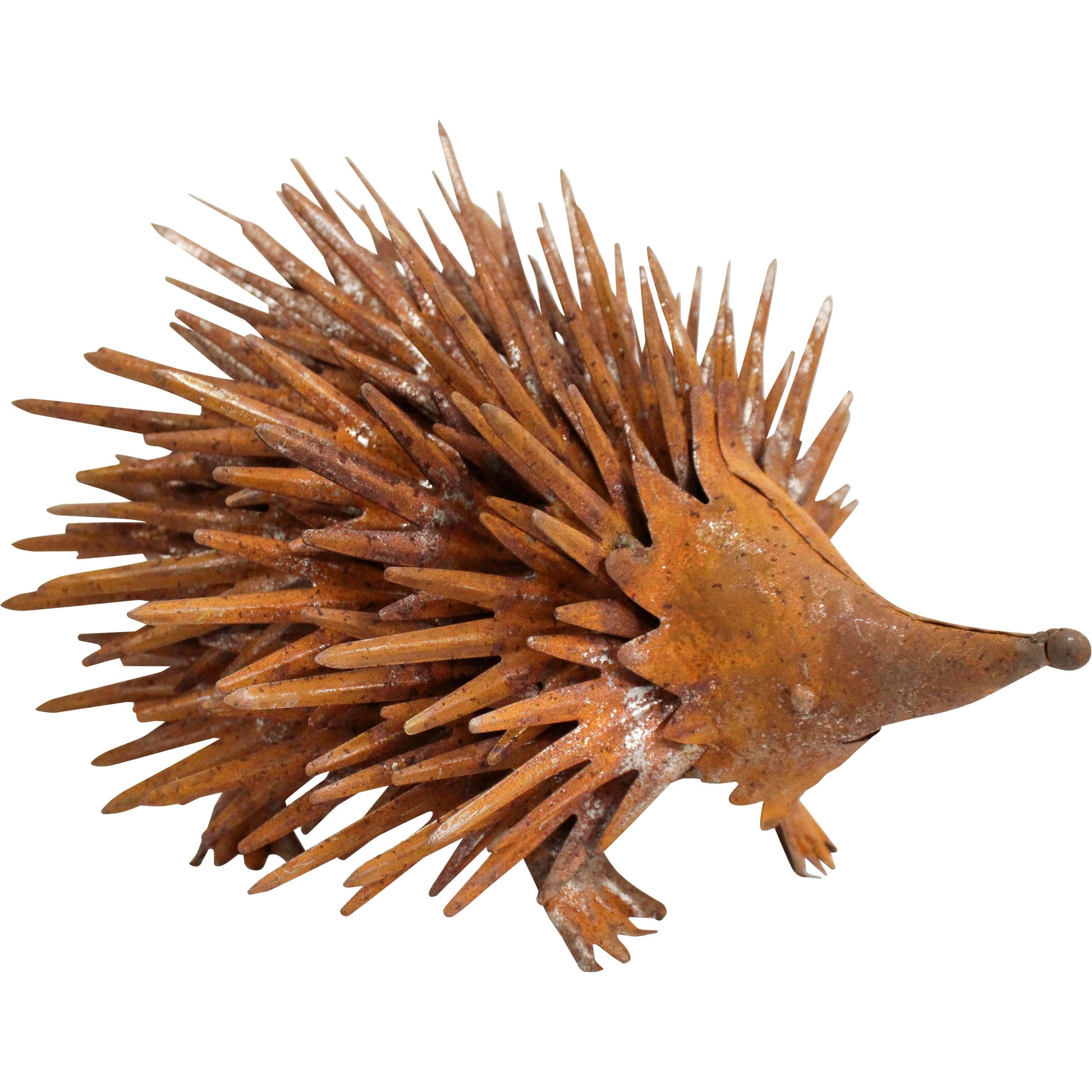 Metal echidna garden statue with rusty-brown overlapping spikes