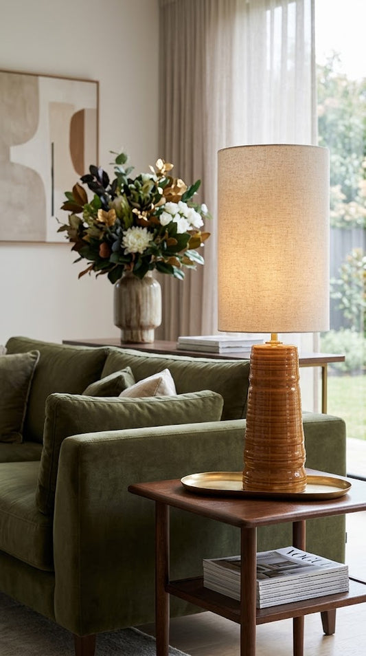 Lumara Spice Table Lamp — Caramel Ribbed Ceramic with Linen Shade