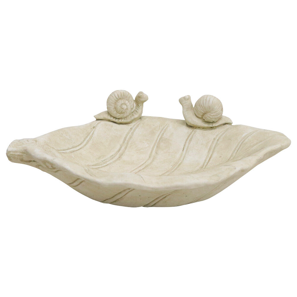 Cement garden water bowl with sculpted snails on the rim, medium