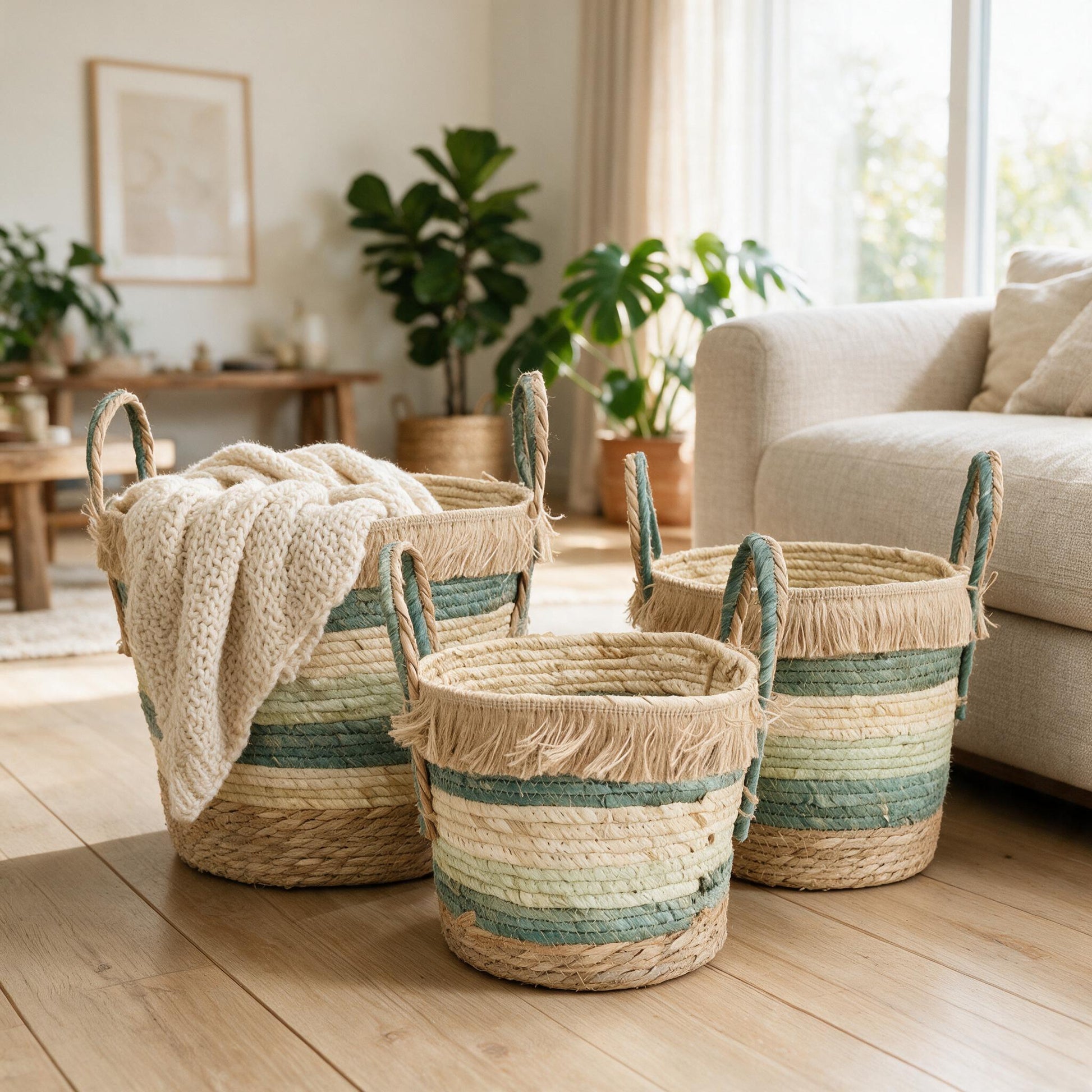 Three banded woven baskets on timber floorboards beside a linen sofa with a cream knitted throw draped over the largest basket — Lumara Home