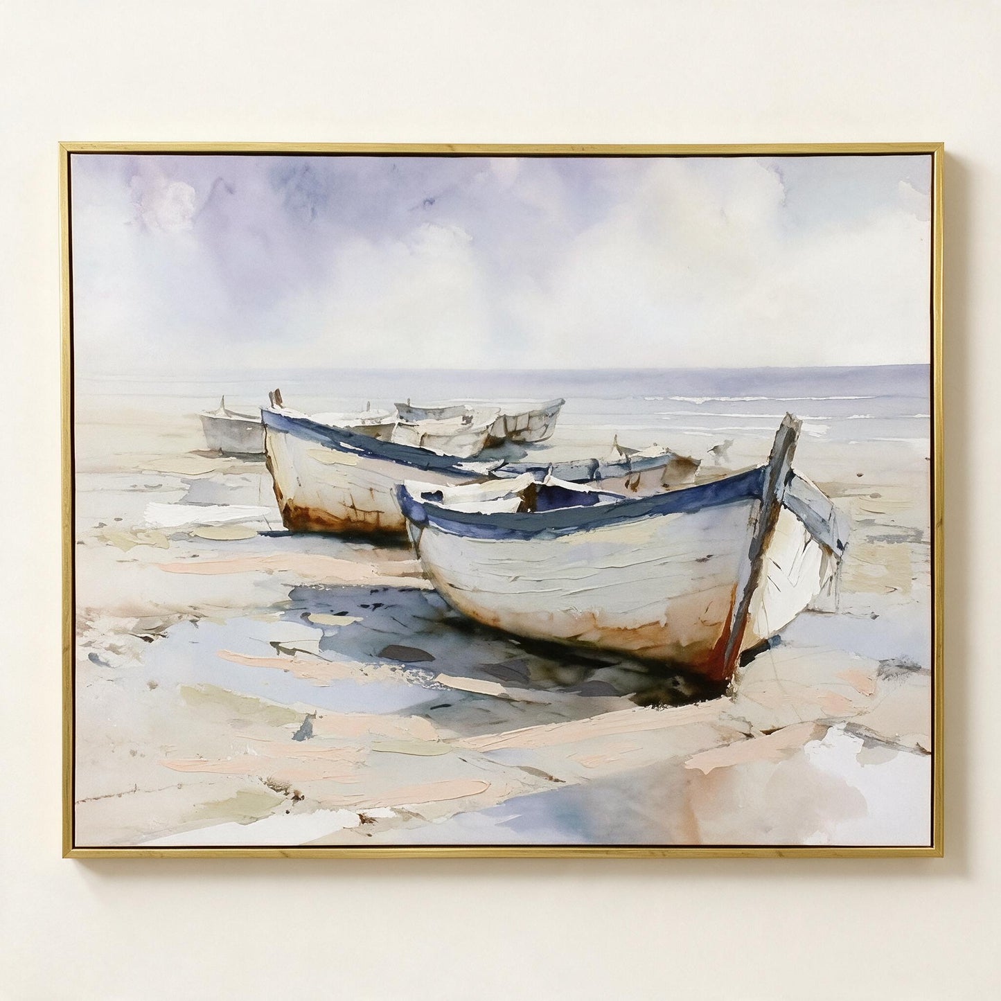 Lumara Ashore framed canvas 70x90cm with slim gold frame, impressionist boats artwork, studio hero shot on warm off-white wall