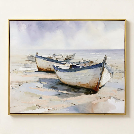 Lumara Ashore framed canvas 70x90cm with slim gold frame, impressionist boats artwork, studio hero shot on warm off-white wall