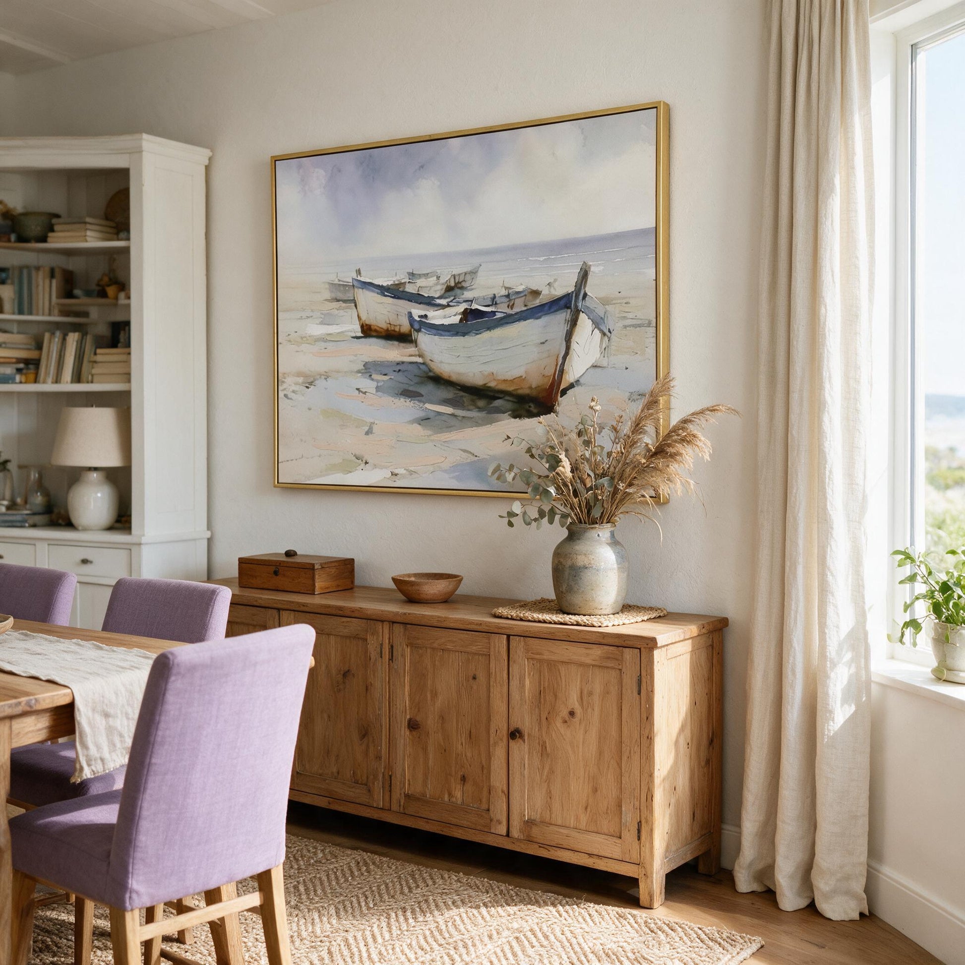 Lumara Ashore framed canvas styled above a timber sideboard in a warm coastal dining room with linen and jute textures