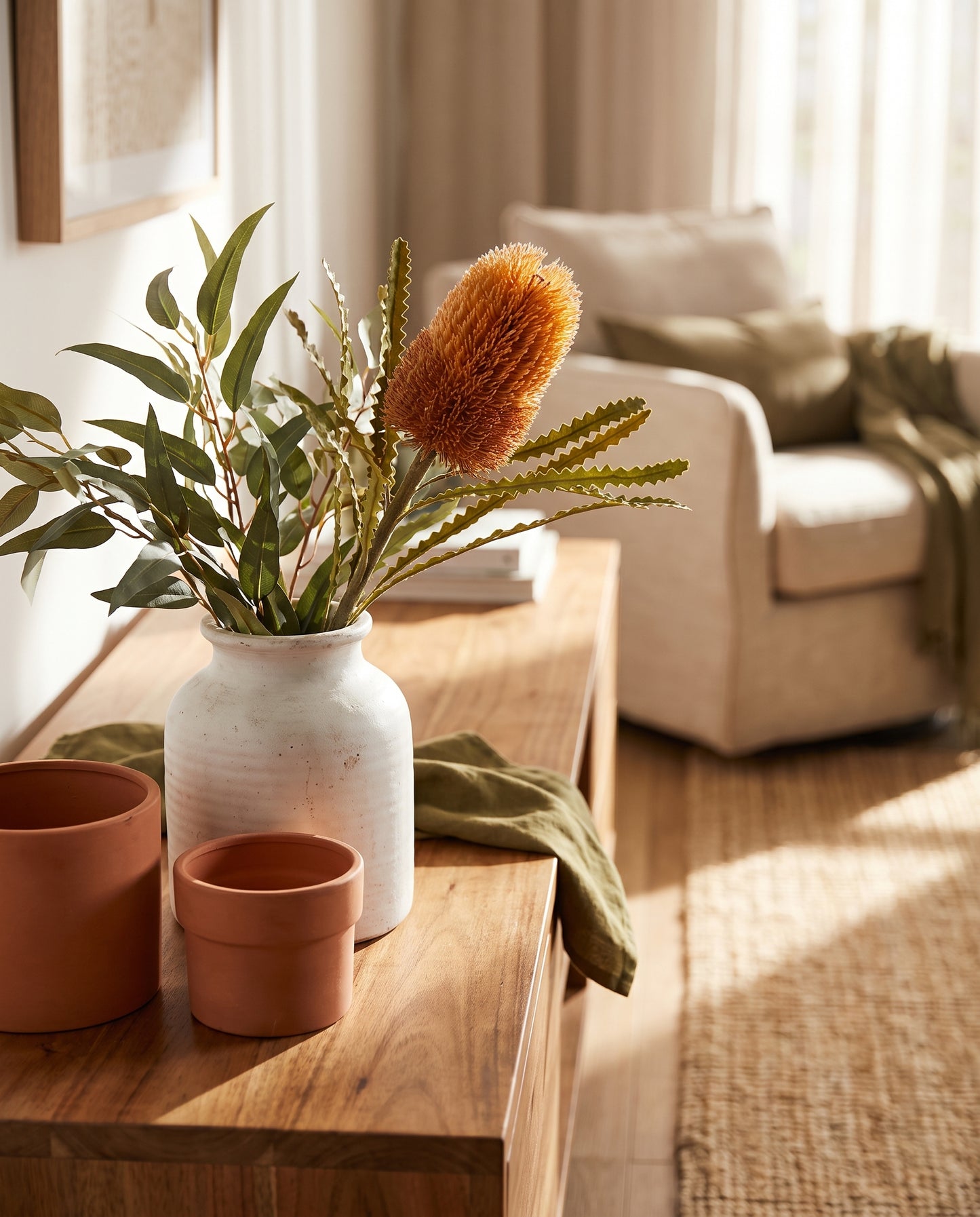 Banksia Stem amber styled with gum foliage — Lumara Home