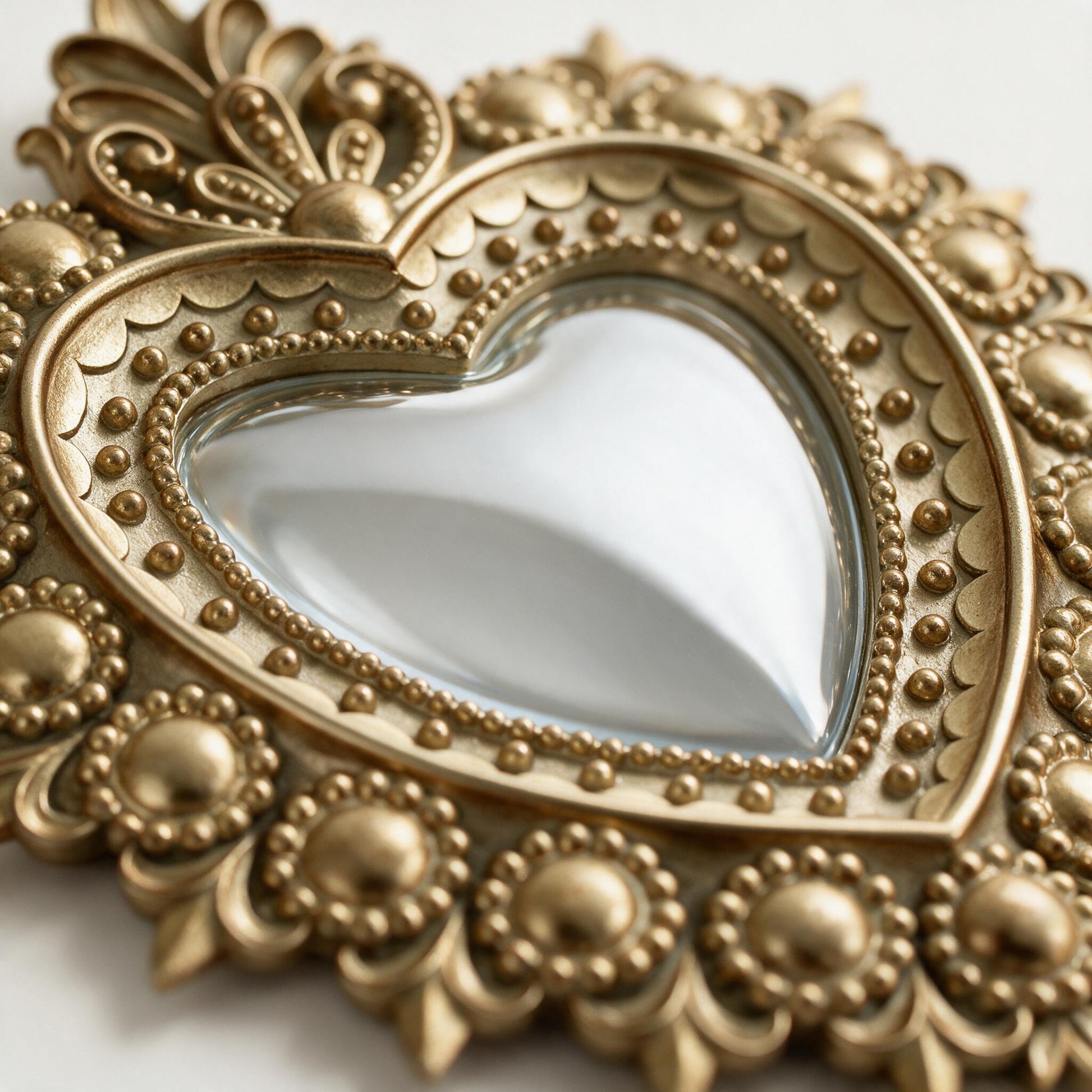 Close-up of the convex mirror heart centre and beaded gold rim on the Lumara Baroque Heart Wall Art