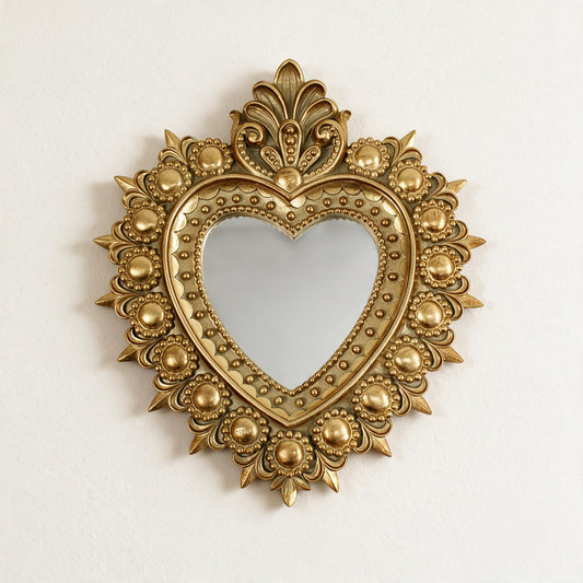 Lumara Baroque Heart Wall Art in gold with convex mirror centre, front view on warm white studio wall