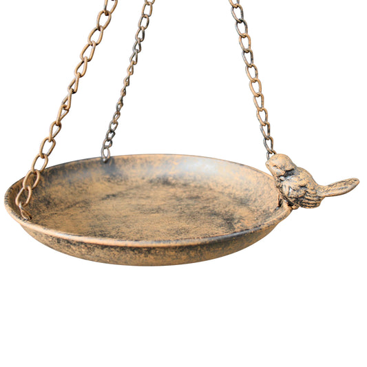 Standing metal bird bath and feeder in antique bronze with perched bird detail