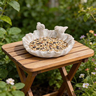 Small embossed flower bird bath styled on deck table