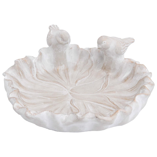 Cement bird bath bowl with embossed flower pattern and two sculpted birds on ruffled rim