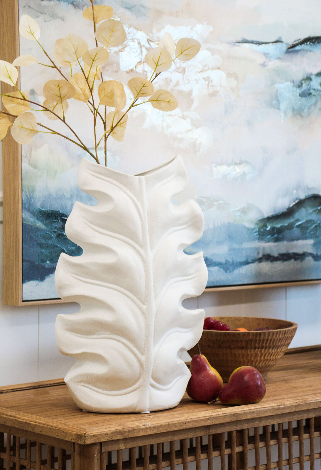 Lumara Organic Leaf Statement Vase — Rustic White Ceramic
