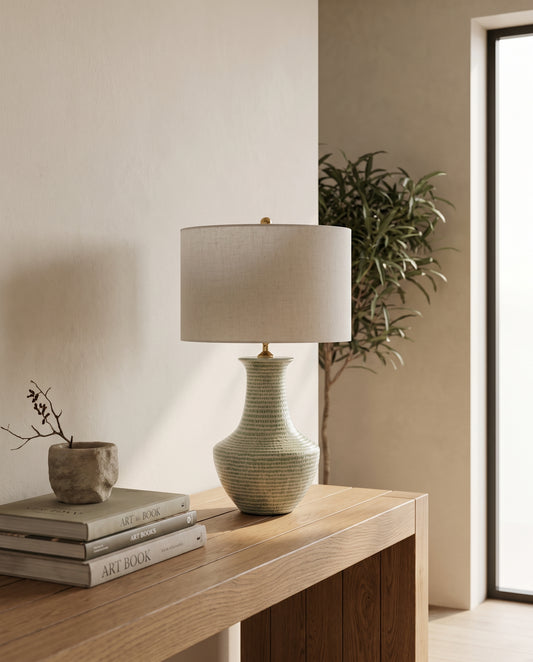 Lumara Chike Table Lamp on an oak console in a minimal entryway — Lumara Home