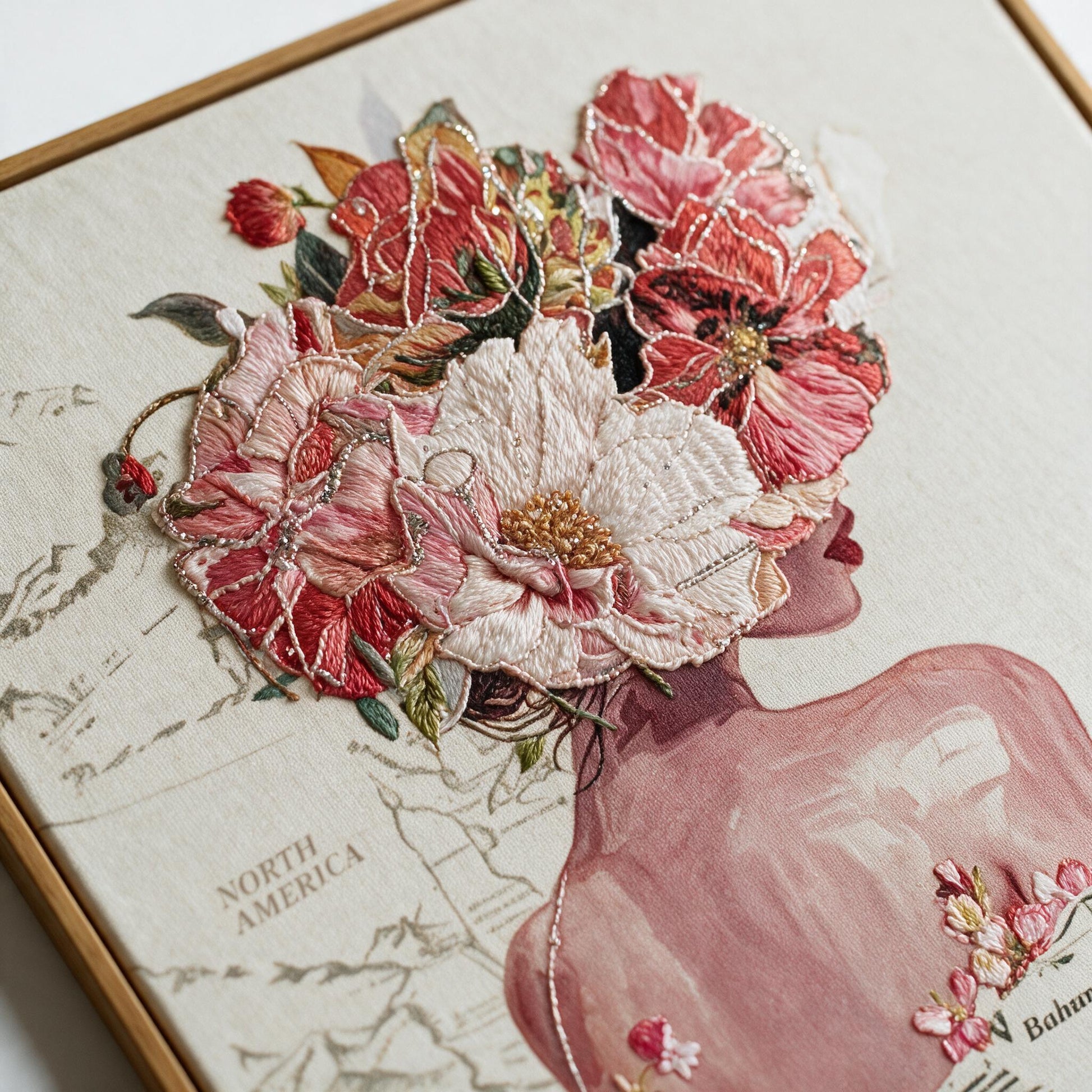 Close-up detail of raised floral embroidery stitching on the Lumara Clara wall art