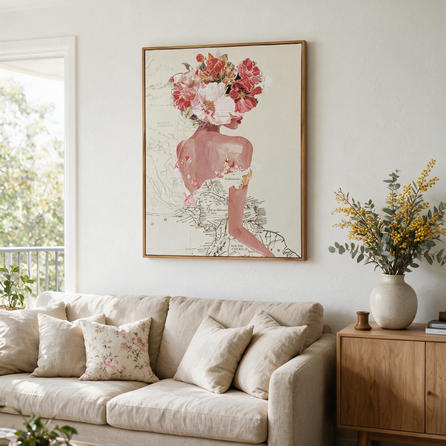 Lumara Clara Embroidered Wall Art styled above a linen sofa in an Australian living room