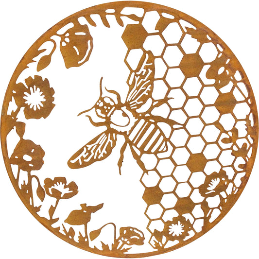 Round metal bee and honeycomb lattice wall art, 59cm, warm rustic finish
