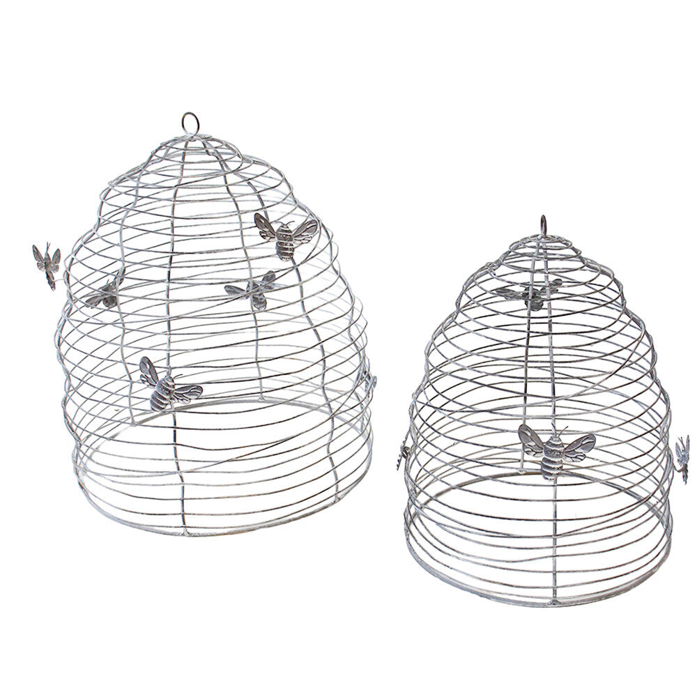 Set of two spiral wire bee cloches in washed silver finish