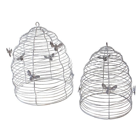 Set of two spiral wire bee cloches in washed silver finish