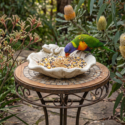Frog lily cement water bowl in garden setting