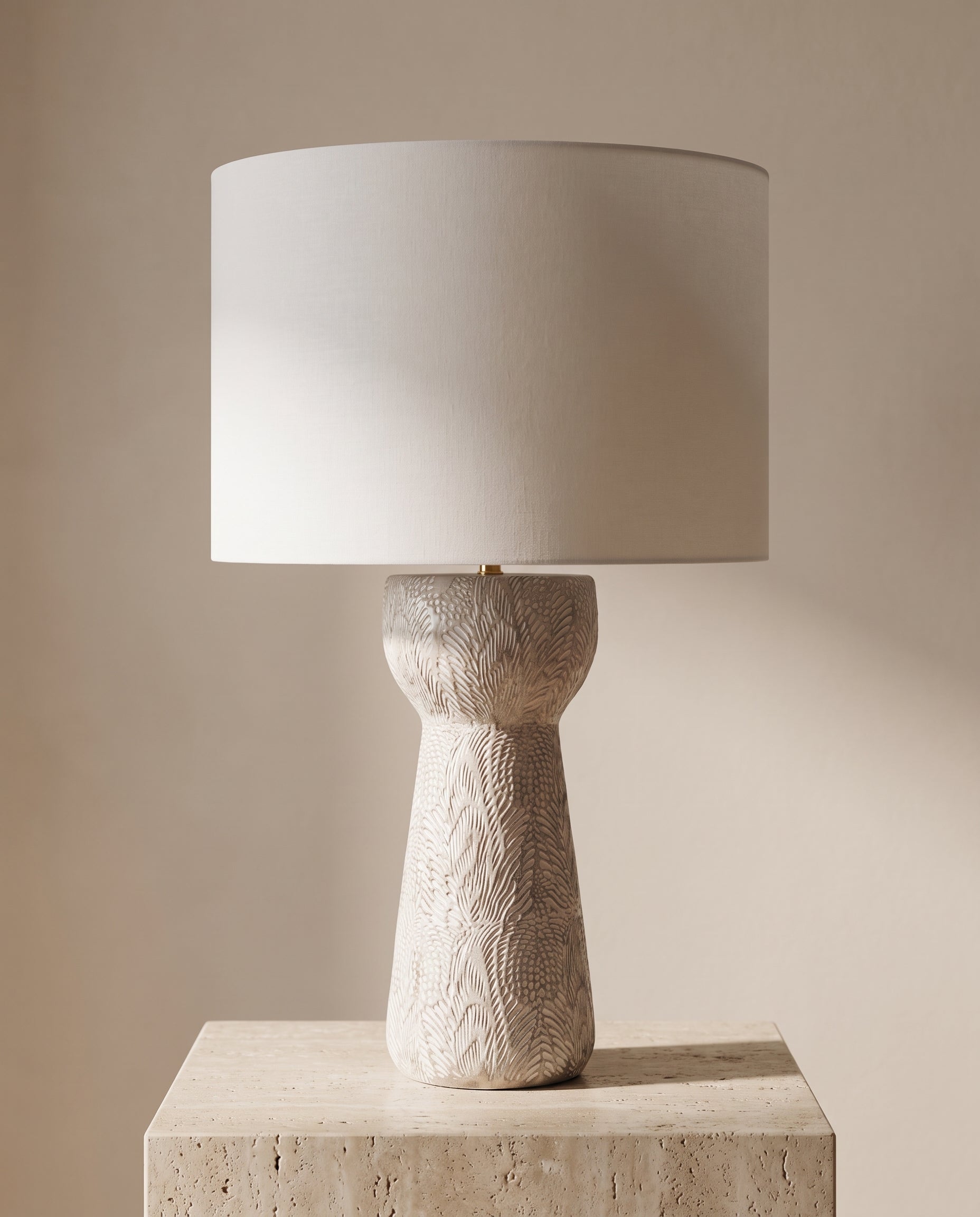 Lumara Fossil Table Lamp — studio hero on travertine — Lumara Home