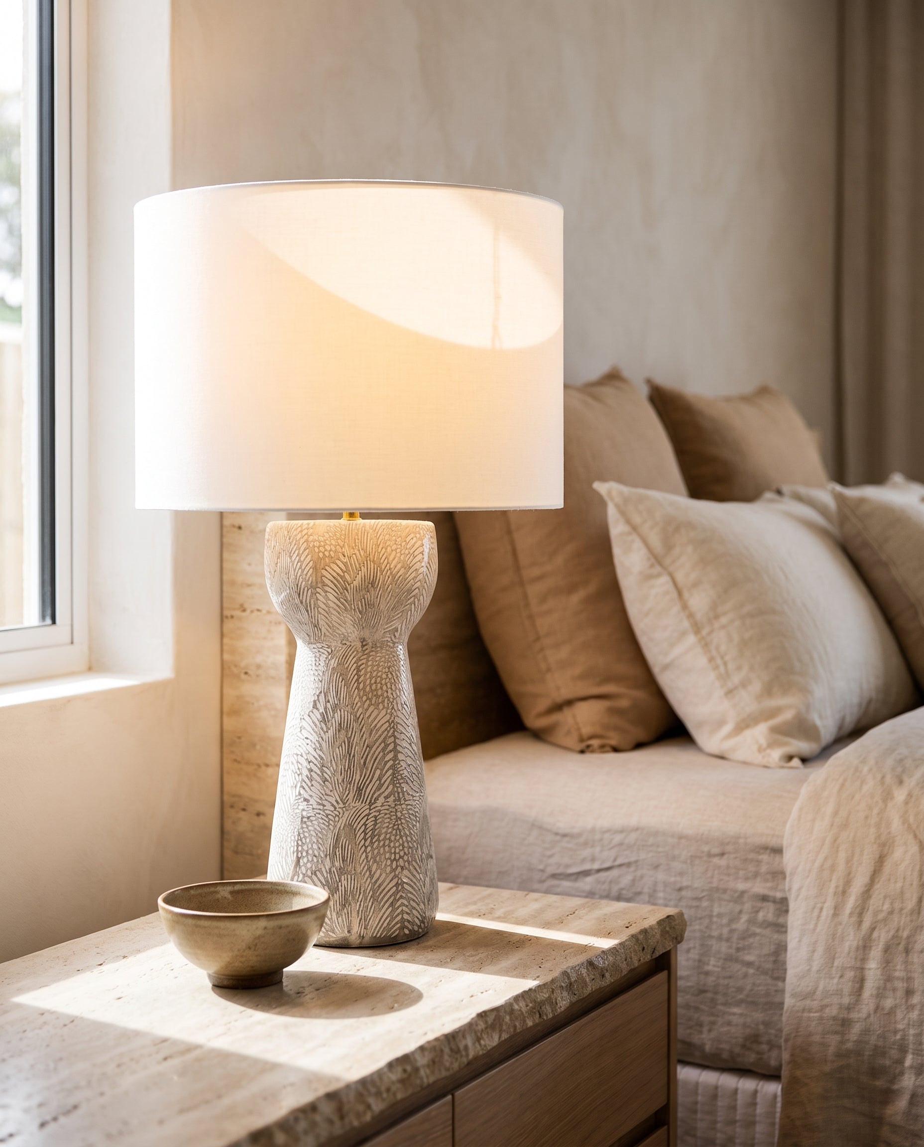 Lumara Fossil Table Lamp in an organic-modern bedroom — Lumara Home