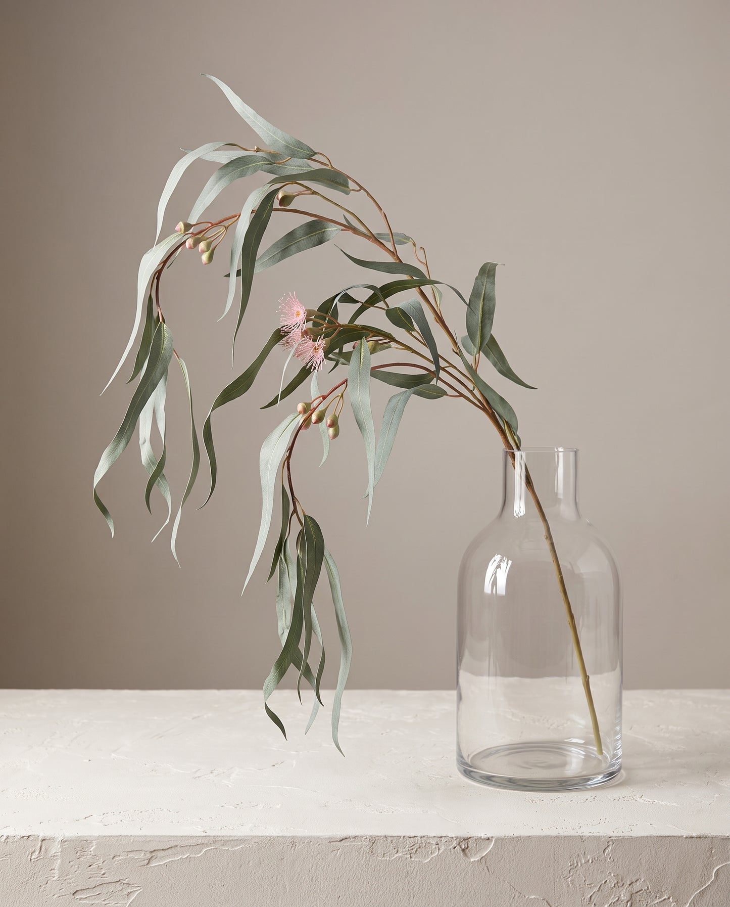 Gum Leaf Stem faux eucalyptus in clear glass vase — Lumara Home