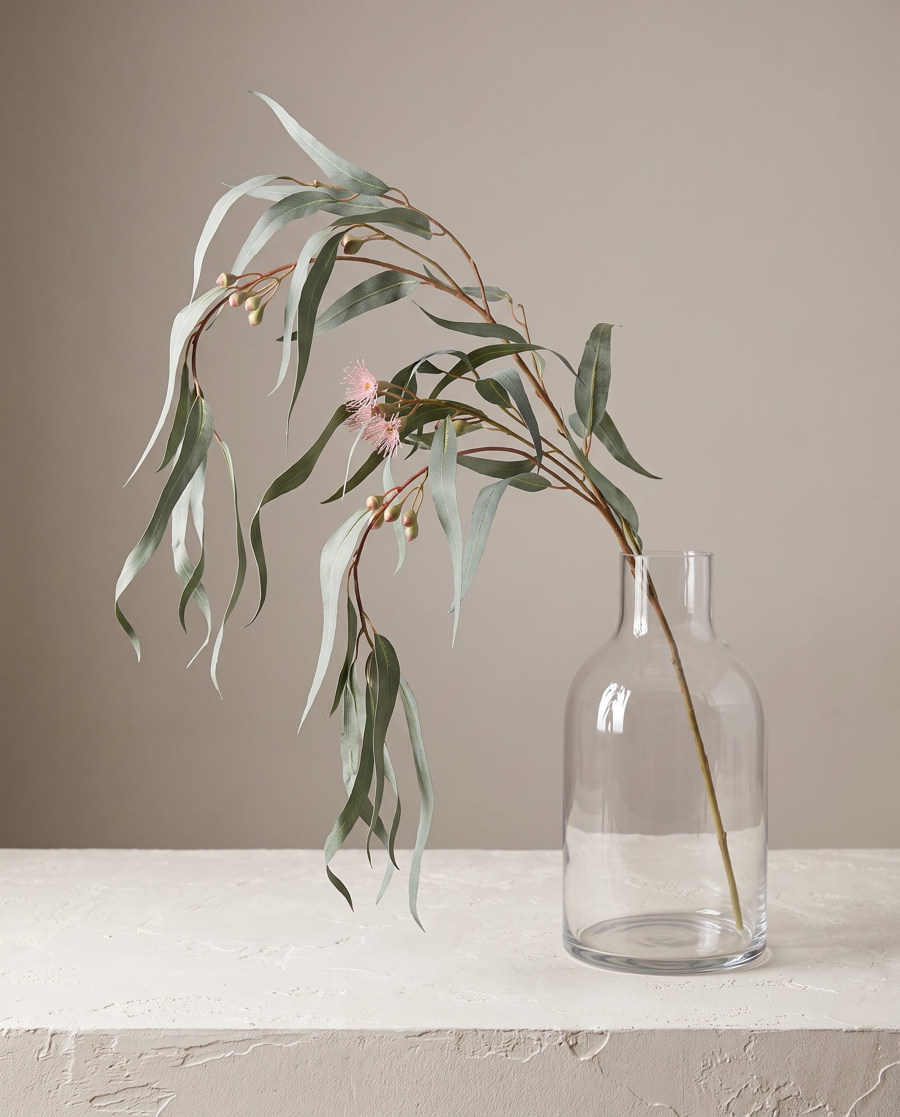 Gum Leaf Stem faux eucalyptus in clear glass vase — Lumara Home
