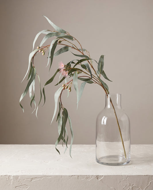 Gum Leaf Stem faux eucalyptus in clear glass vase — Lumara Home