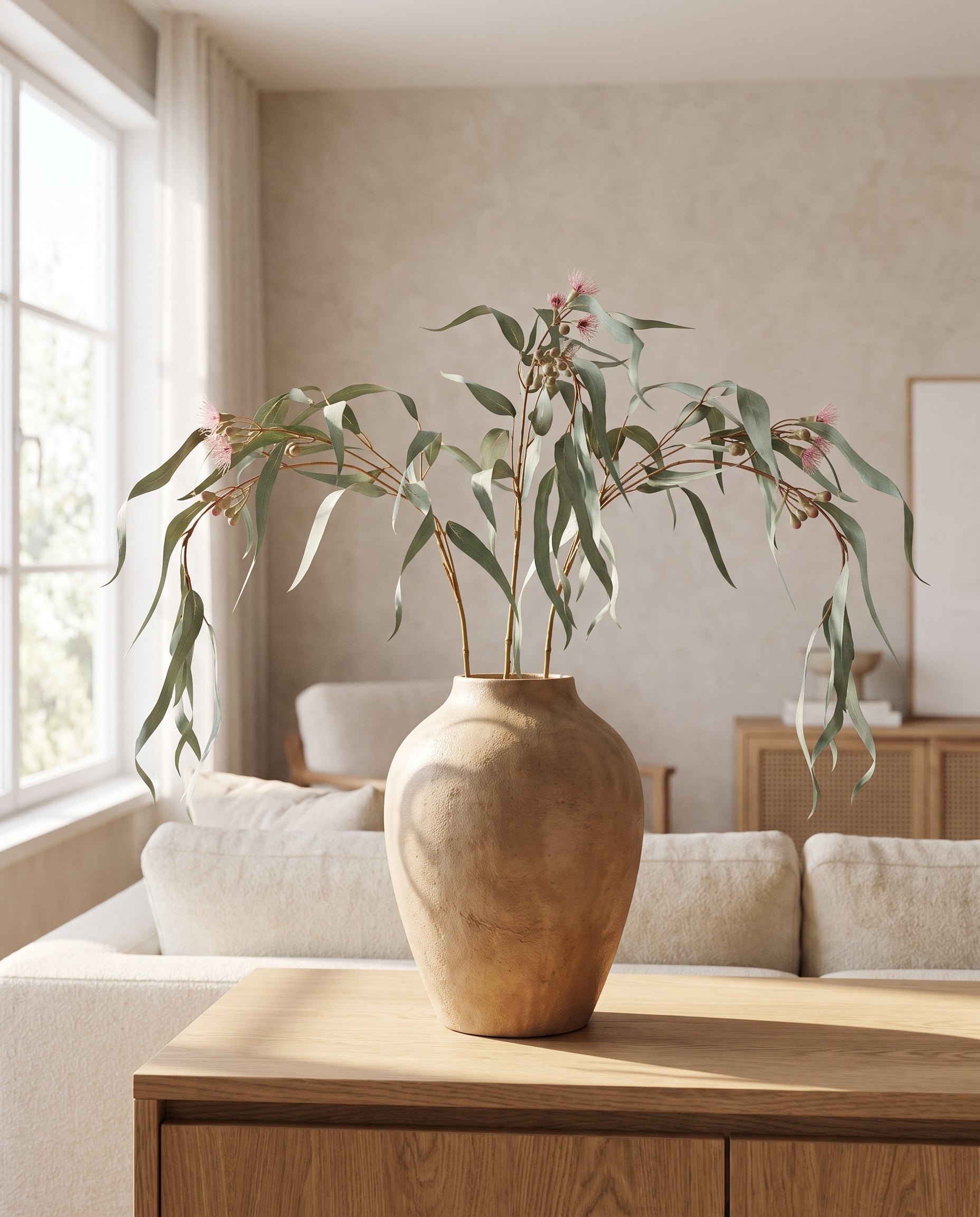 Gum Leaf Stems styled in ceramic vase in living room — Lumara Home