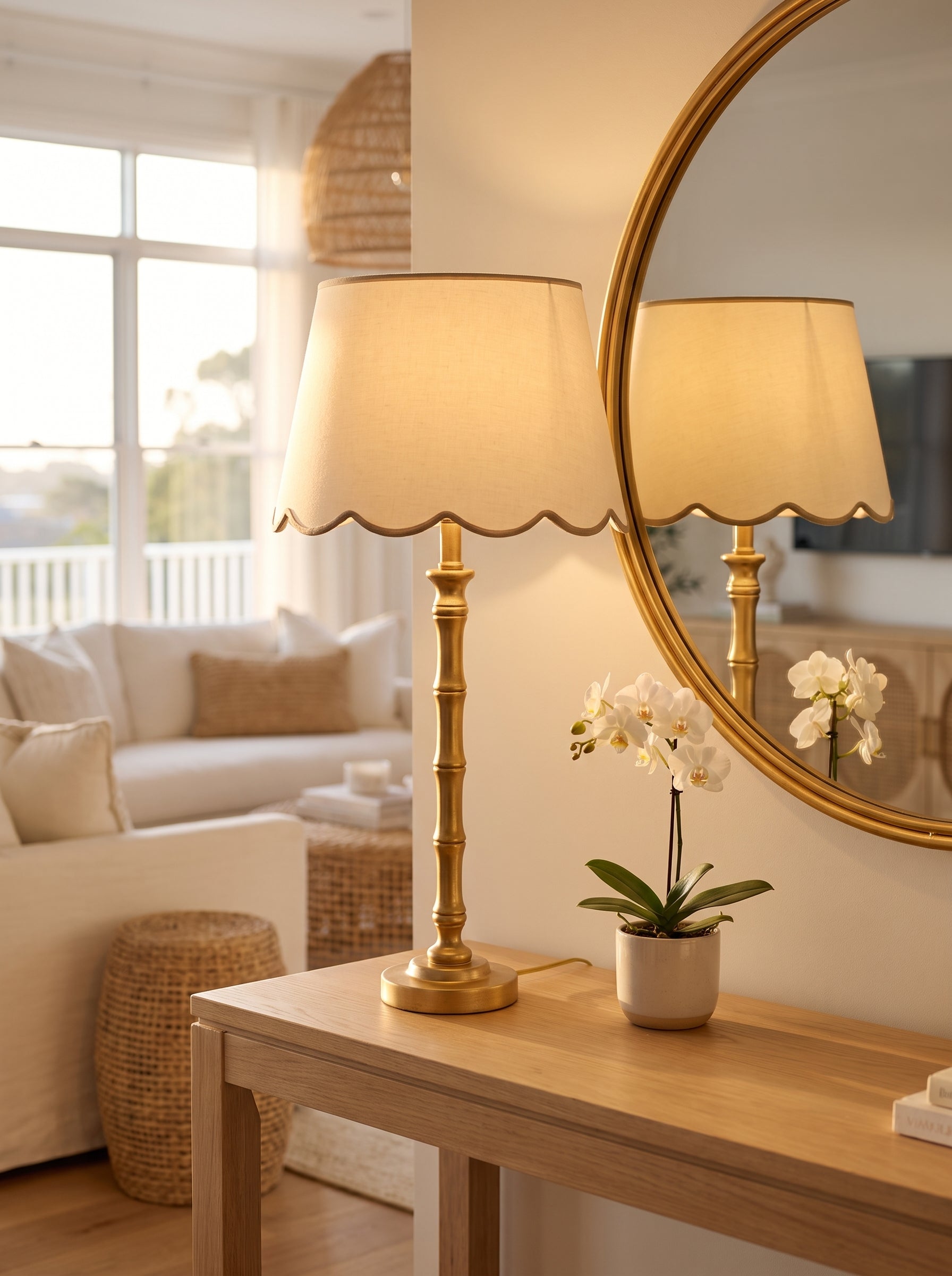 Lumara Brunswick Gold Table Lamp — Coastal Metallic Statement styled in a warm Australian home — Lumara Home