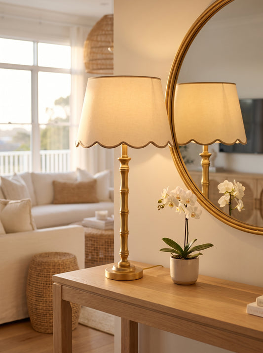 Lumara Brunswick Gold Table Lamp — Coastal Metallic Statement styled in a warm Australian home — Lumara Home
