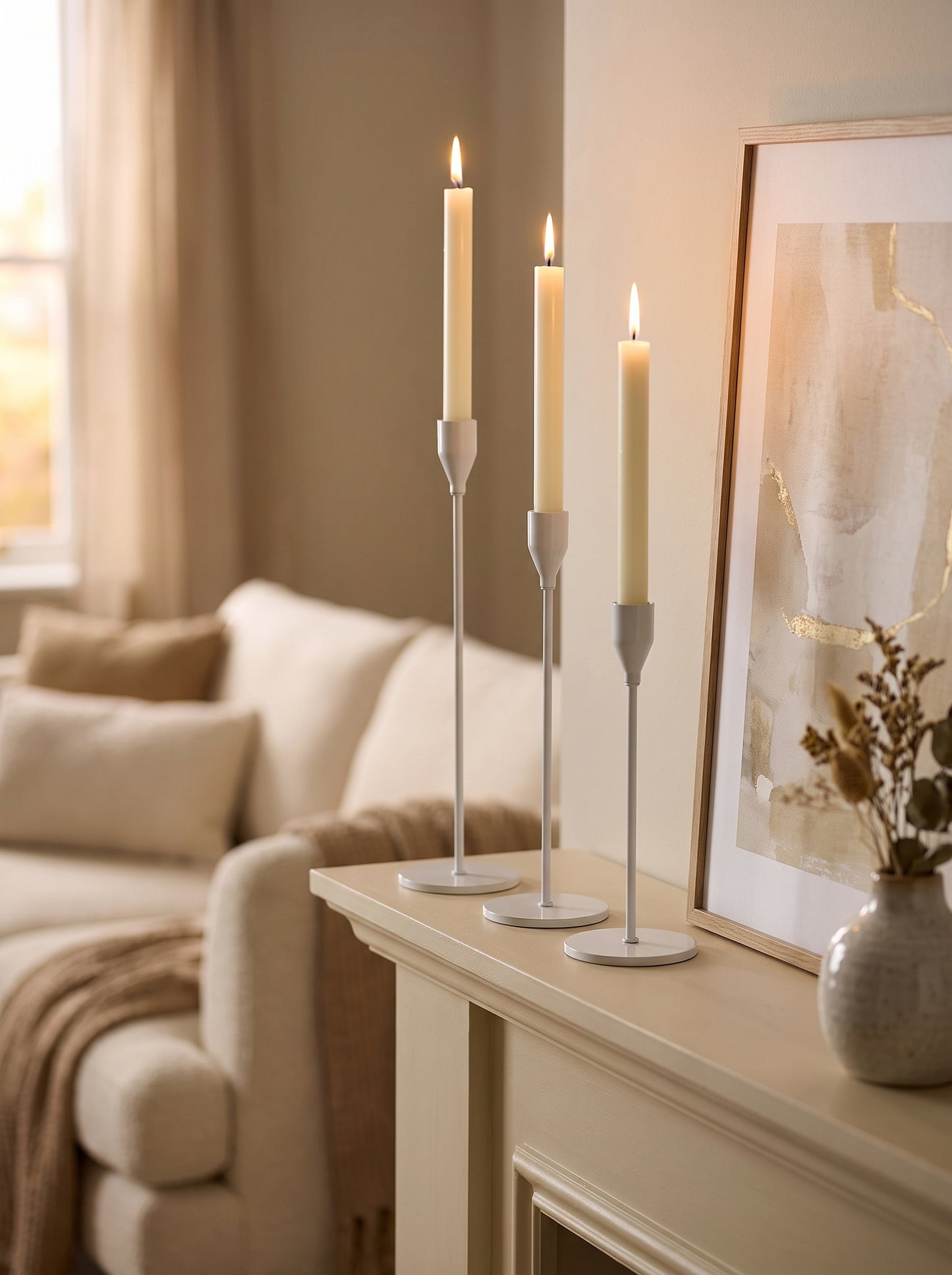 Lumara Candleholders Set of 3 White — Graduated Taper Holders styled in a warm Australian home — Lumara Home